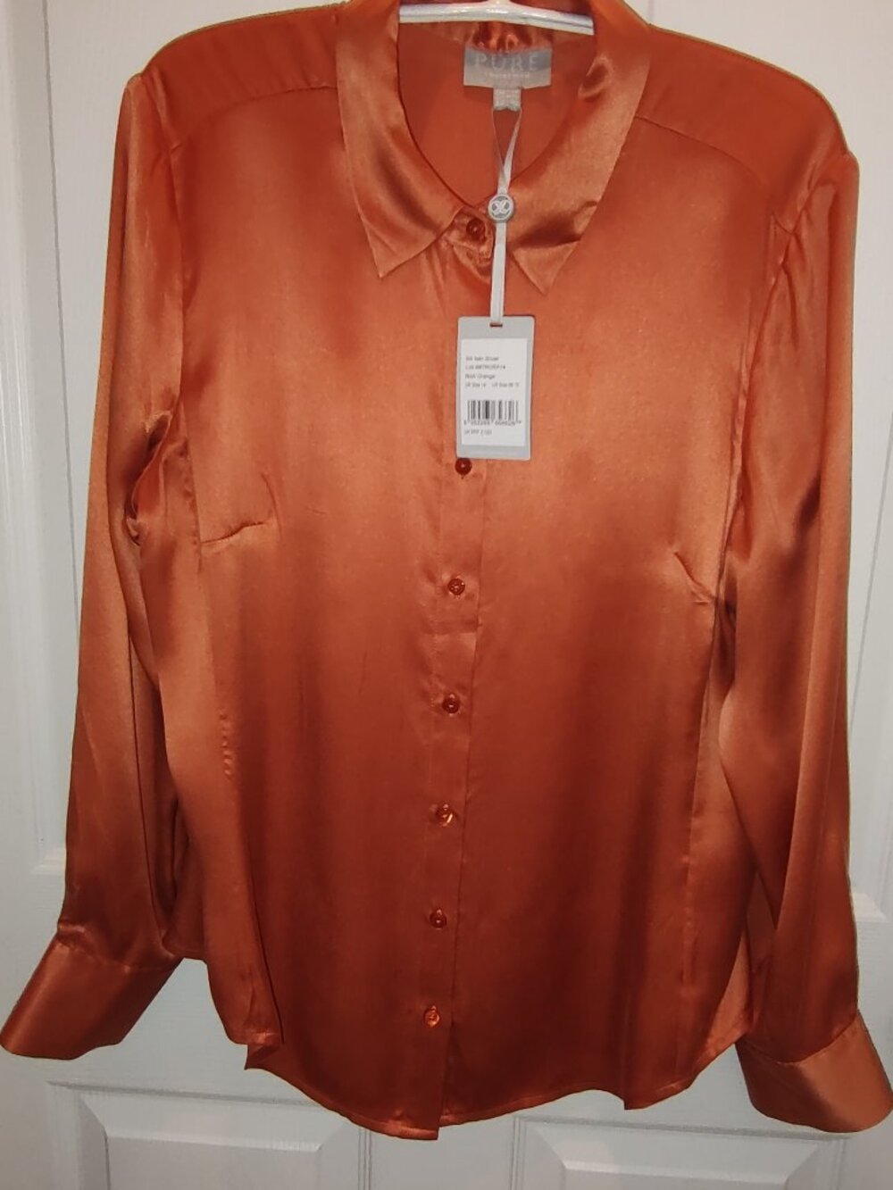 PURE COLLECTION BLOUSE 100% SILK SATIN L/SLV BUTTON FRONT RICH ORANGE SZ 10